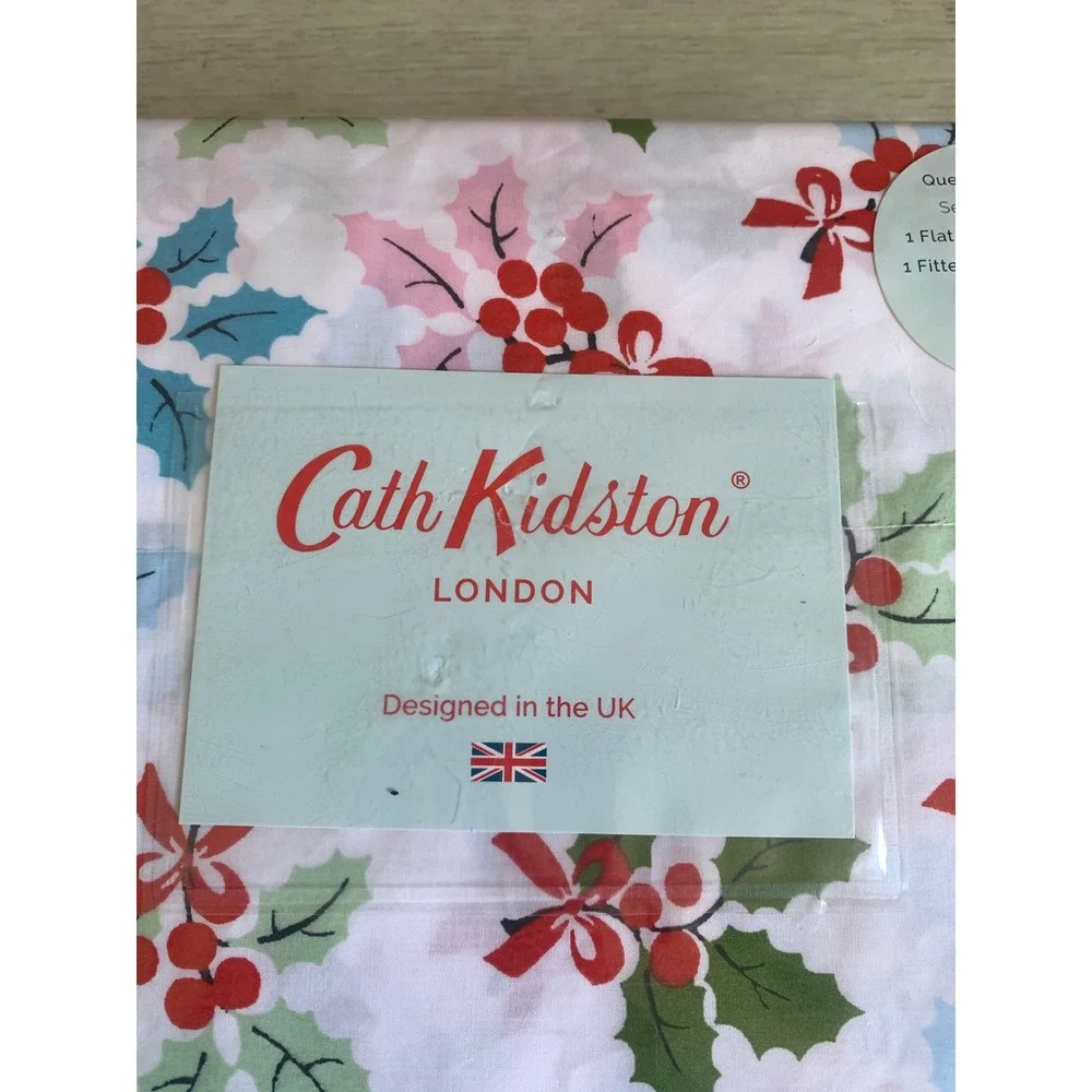 Cath Kidston Queen Sheet Set Holly Berry Christmas Holiday Floral 4‎ Piece NEW